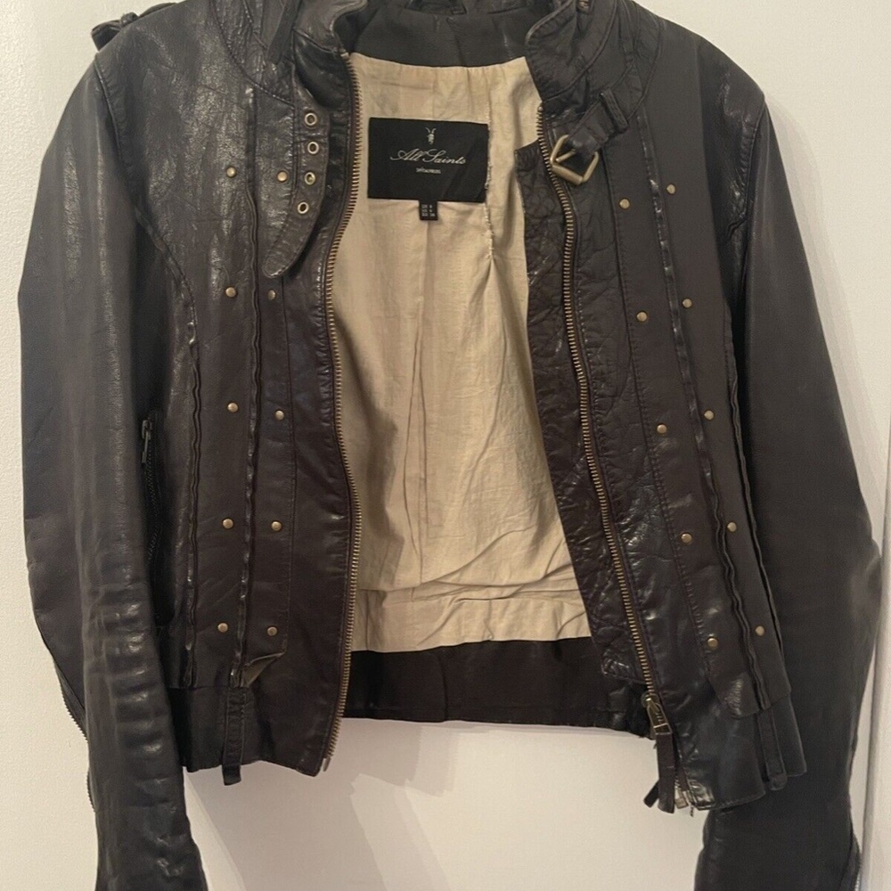 All Saints Women’s Leather Jacket Moto Steampunk Preowned, Sz 6 See Description